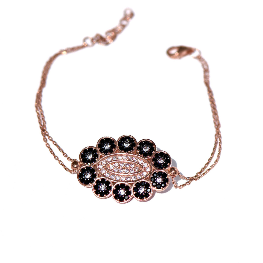 925 Silver Pave Cz Black & White Flower Bracelet